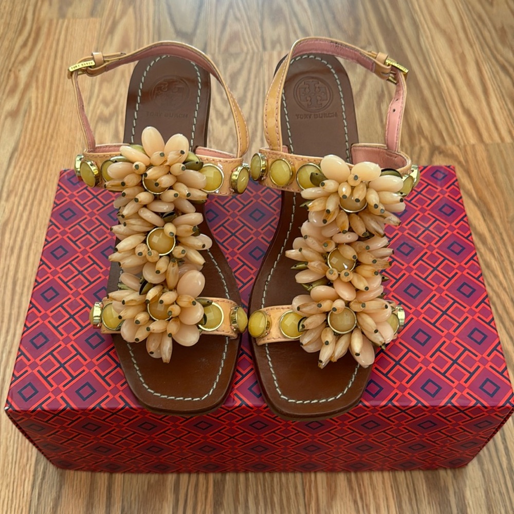 Tory Burch Brown and Peach Floral Embellished Leather Sandals